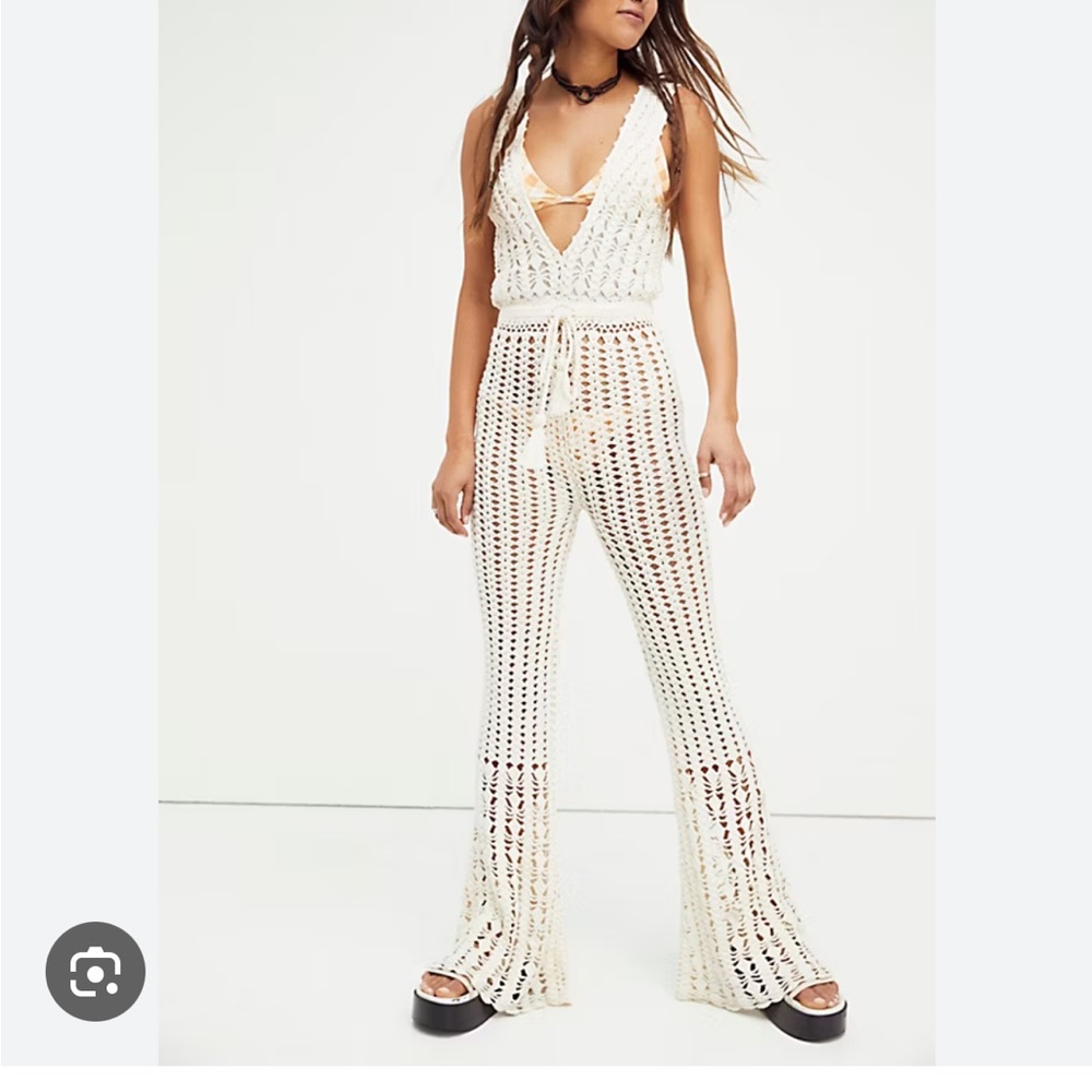 Free People Cream Crochet Jumpsuit with Open Back